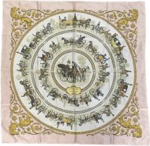 A Hermes La Promenade de Longchamps silk scarf designed by Philippe Ledoux