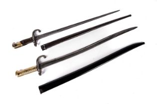 A French 1866 pattern Chassepot sword bayonet and a Gras bayonet