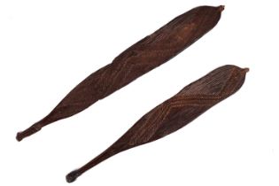 Two Aboriginal hardwood Woomera (spear throwers)