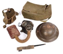 A Brodie helmet; a bayonet and other items