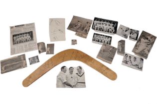 A boomerang commemorating the 1964 Ashes Test Series; and other cricket memorabilia