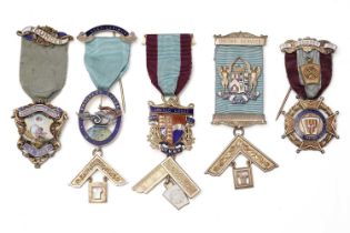 Five silver-gilt and enamel Masonic Master and Founder medals