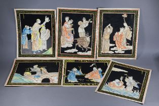 A set of six European ink and watercolour wash chinoiserie drawings, signed with ersatz Asian