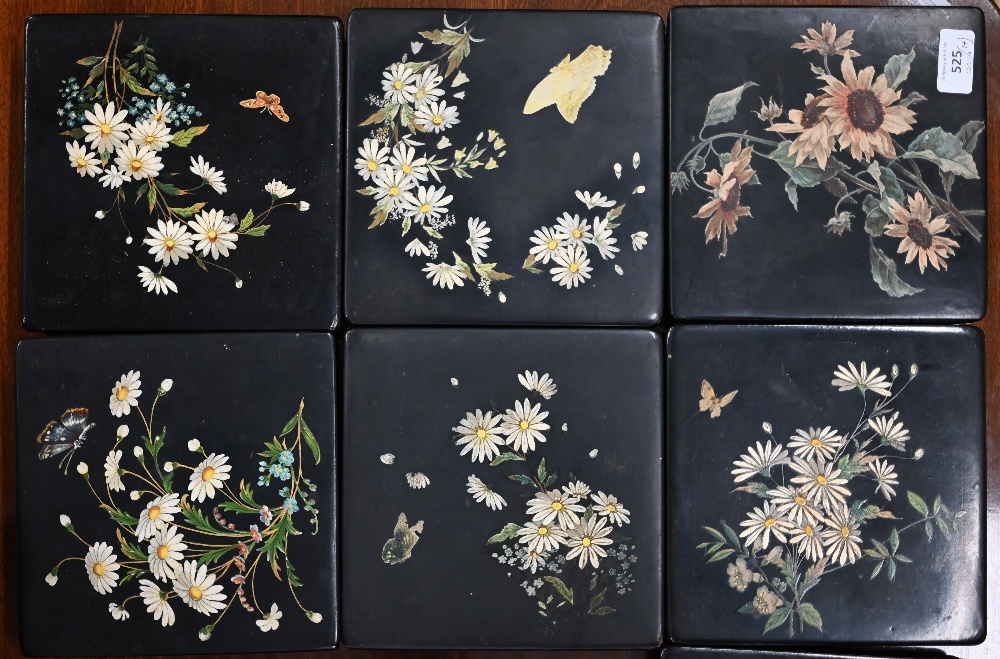 Seven Continental black-laquered and papier mache trinket boxes, with floral printed and painted - Image 3 of 3