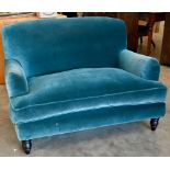 A Howard stye love seat in peacock blue velour fabric, ebonised turned front supports, 140 x 100 x