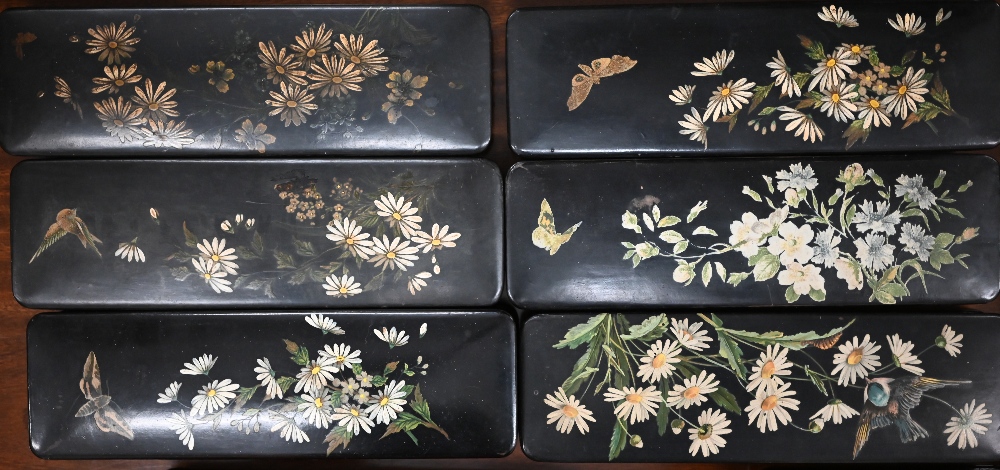 Seven Continental black-laquered and papier mache trinket boxes, with floral printed and painted - Image 2 of 3
