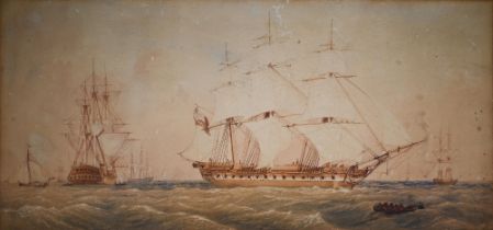 19th century English school - Frigate in full sail, possibly Amazon or Diana, watercolour, 23 x 49