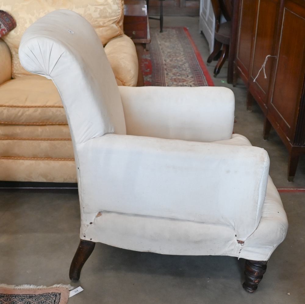 An antique oak framed low armchair with turned front legs and calico fabric cover - Image 3 of 3