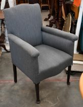 An early 20th century mahogany framed bedroom chair, light grey fabric upholstery, turned front legs