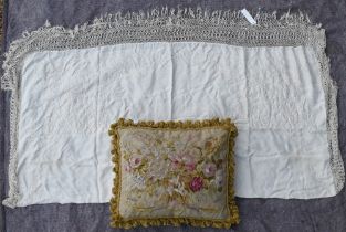A cream silk piano shawl with floral embroidered spandrels and crocheted fringe, 180 cm square