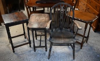 Three barley-twist occasional tables to/w a wheelback carver chair (4)