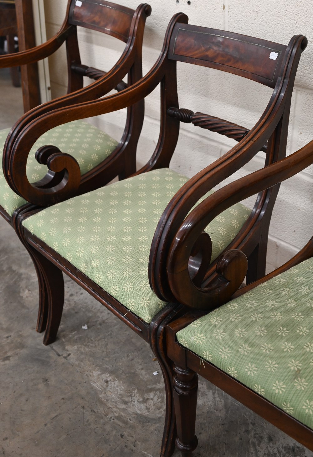 A pair of Regency mahogany rope-back carver chairs to/w two other Regency carvers, all with green - Image 4 of 4