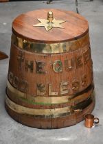 A brass-mounted coopered oak Naval rum-tub, inscribed with letters 'The Queen God Bless Her' 60 cm