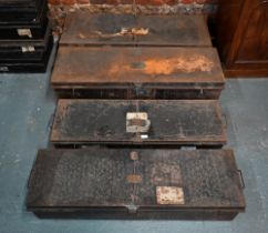 Four of antique and later japanned military uniform trunks, variously labelled M Roberts Esq.; Lt.