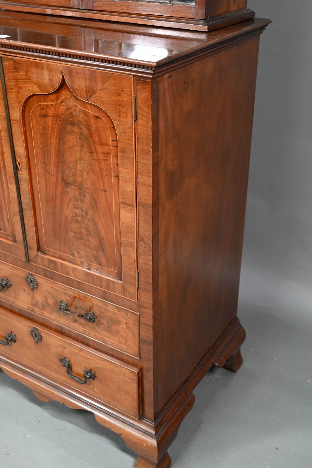 A Victorian mahogany cabinet with pair of Arabic arched panel doors over two long drawers, raised on - Image 7 of 8