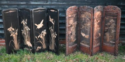 Two small old Japanese silk panelled four panel folding draught screens, both a/f (2)