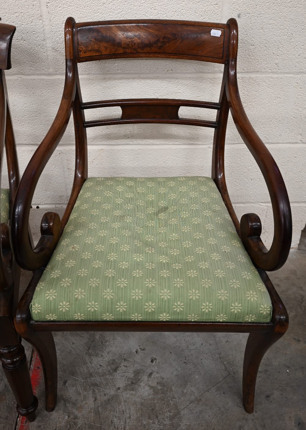 A pair of Regency mahogany rope-back carver chairs to/w two other Regency carvers, all with green - Image 3 of 4