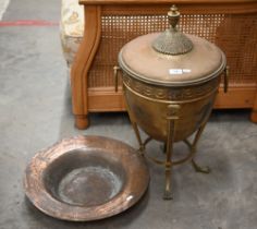 A brass coal-urn and cover to/w a beaten copper broad-rimmed bowl (2)