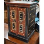 An Asian polychrome painted two door hardwood table cabinet, 42 cm wide x 34 cm deep x 60 cm high