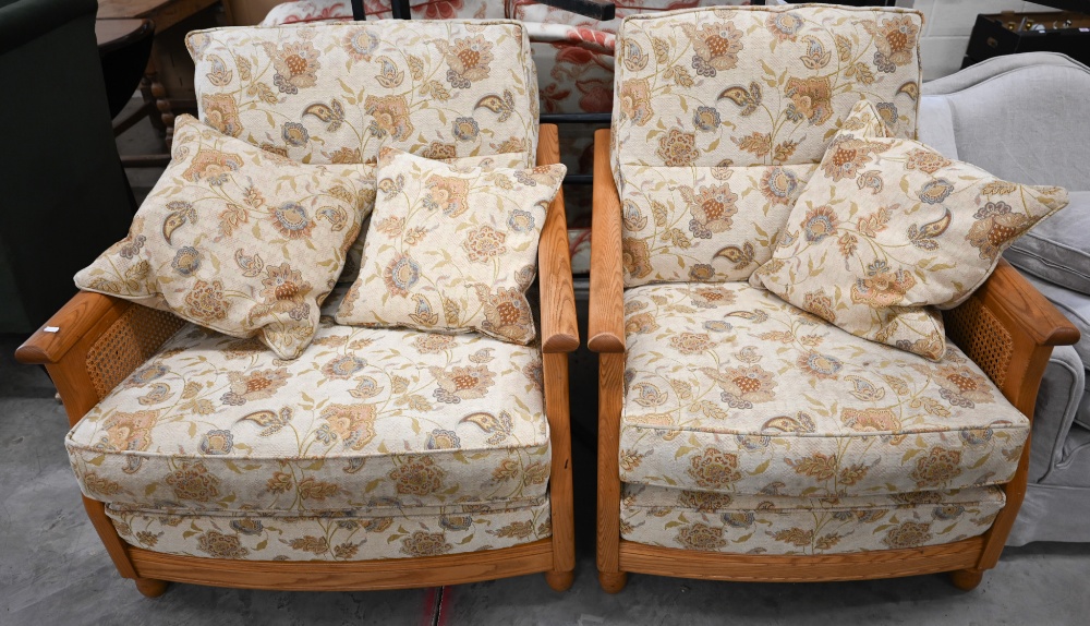 An Ercol ash and woven cane bergere three piece suite, two seater sofa and pair of armchairs, - Image 2 of 6