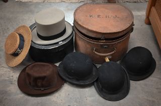 A traditional Harrow School straw boater to/w a brown felt trilby by Bates of Jermyn Street and a