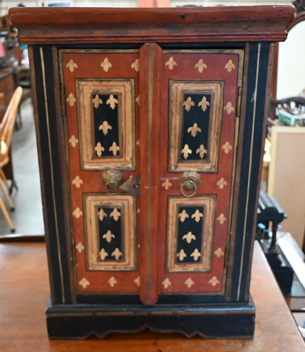 An Asian polychrome painted two door hardwood table cabinet, 42 cm wide x 34 cm deep x 60 cm high - Image 2 of 3