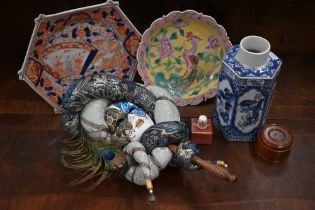 A Japanese Imari octagonal plate, a Chinese yellow-ground famille rose plate, a blue and white