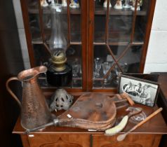 An Arts & Crafts Joseph Sankey & Son copper jug, 29 cm high to/w an oil lamp, elm bellows etc (box)