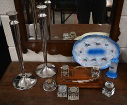 A pair of ep tall candlesticks, 42 cm to/w an oak inkstand, various inkwells including Morton's