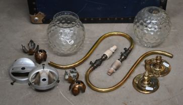 A pair of antique brass gas wall-sconces with original fittings, with globe shades