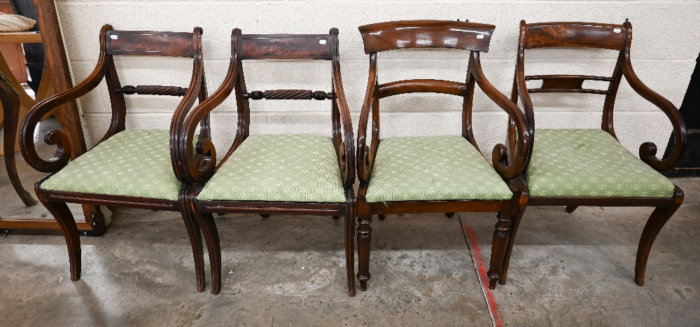 A pair of Regency mahogany rope-back carver chairs to/w two other Regency carvers, all with green