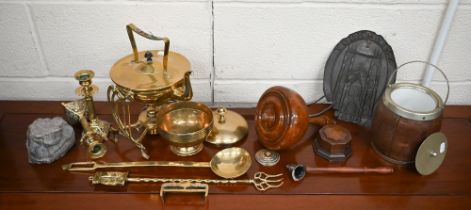 An Art Nouveau brass kettle on stand, to/w an antique brass bowl and cover, large steel cooking