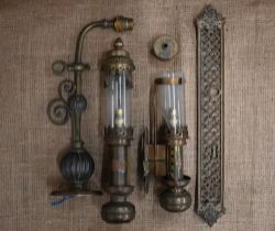 Two GWR copper wall-lights (one lacks finial) to/w a gas wall-sconce (converted to electricity)
