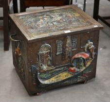 An antique brass twin handled coal box embossed with polychrome Venetian scenes