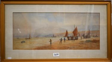 L Lewis (1826-1913) - Fisherman on foreshore bringing in nets, watercolour, signed, 23 x 53 cm
