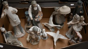 Eight various Lladro figures and three geese (box)