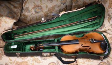 A violin with 34 cm one-piece back and 'Stradivarius' label within, 56 cm overall, in case with bow