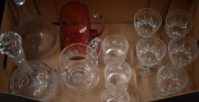 Five Stuart cut wine glasses to/w a cranberry water-jug, two decanters and other glassware (box)