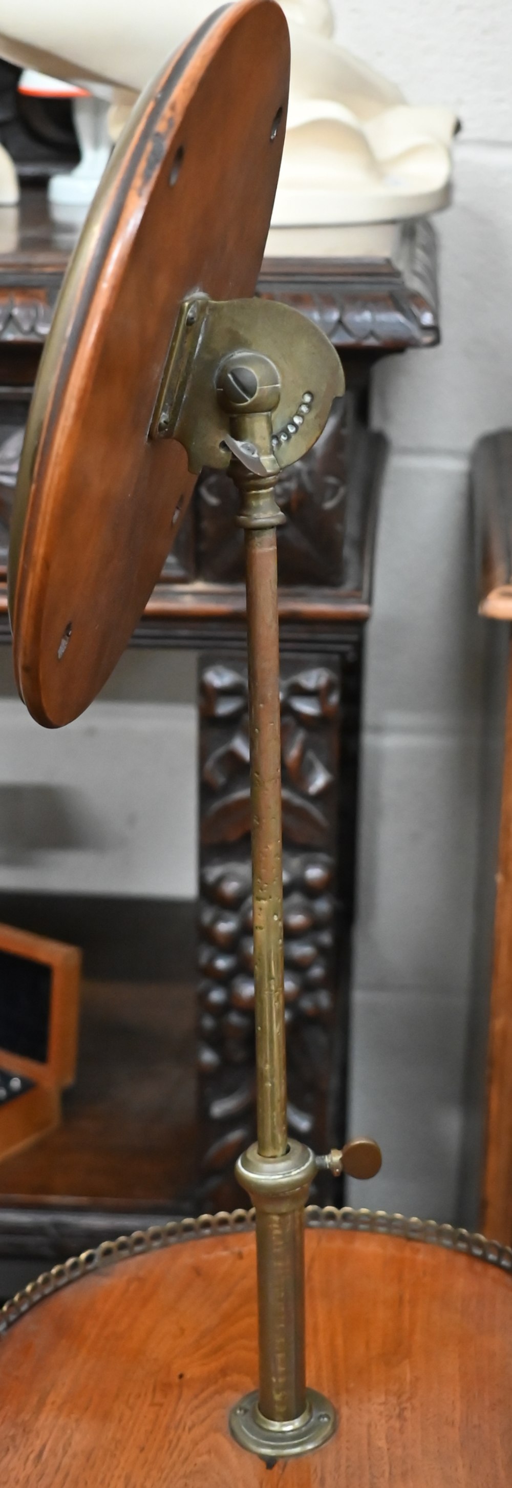 An antique mahogany and brass shaving/vanity stand with height adjustable circular mirror, makers - Image 3 of 3