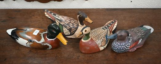 Two vintage painted wood duck decoys, 40/33 cm long to/w two later examples (4)