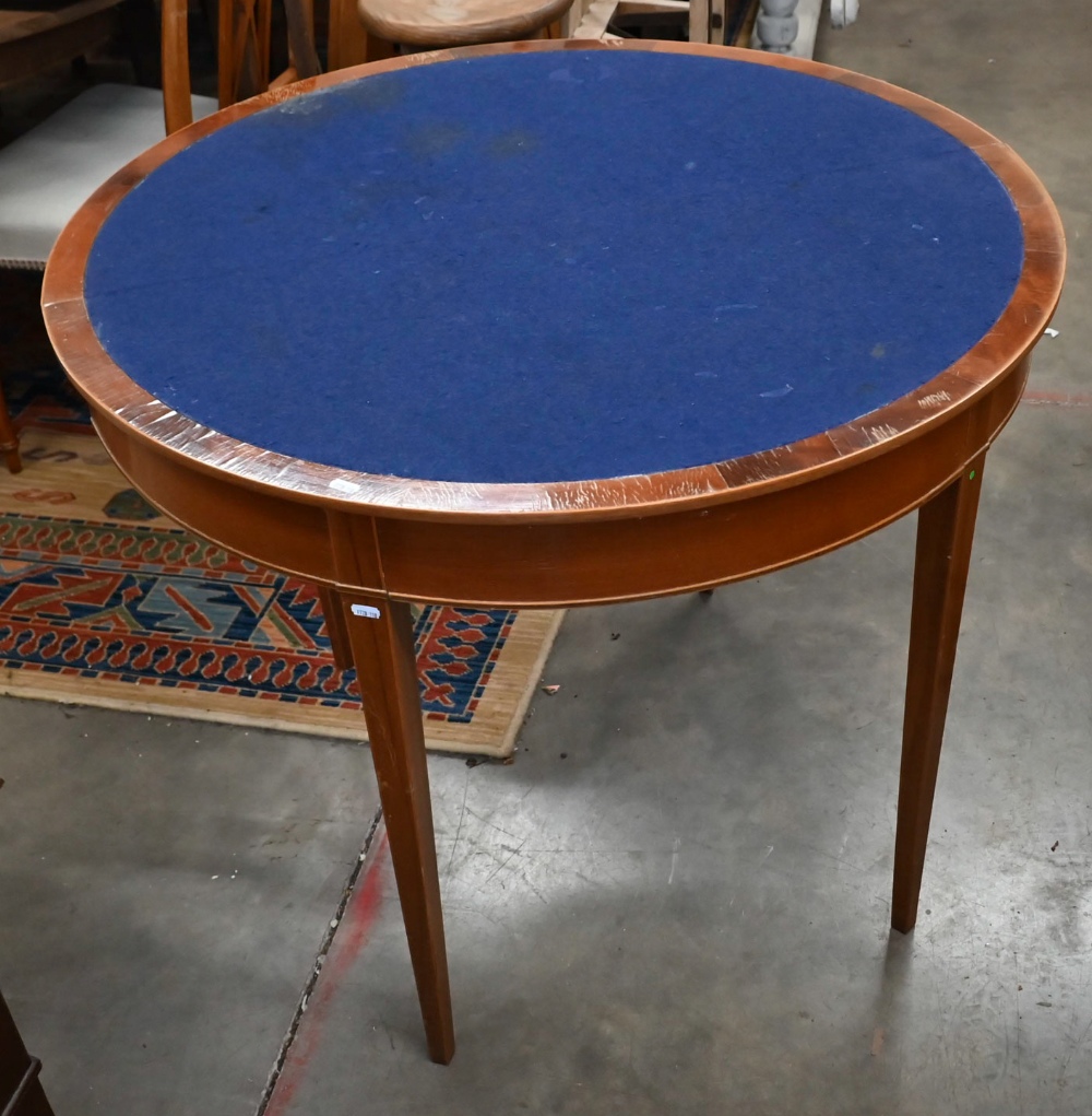 A reproduction demi-lune folding card table with blue baize lining, on square tapering supports, - Image 2 of 2