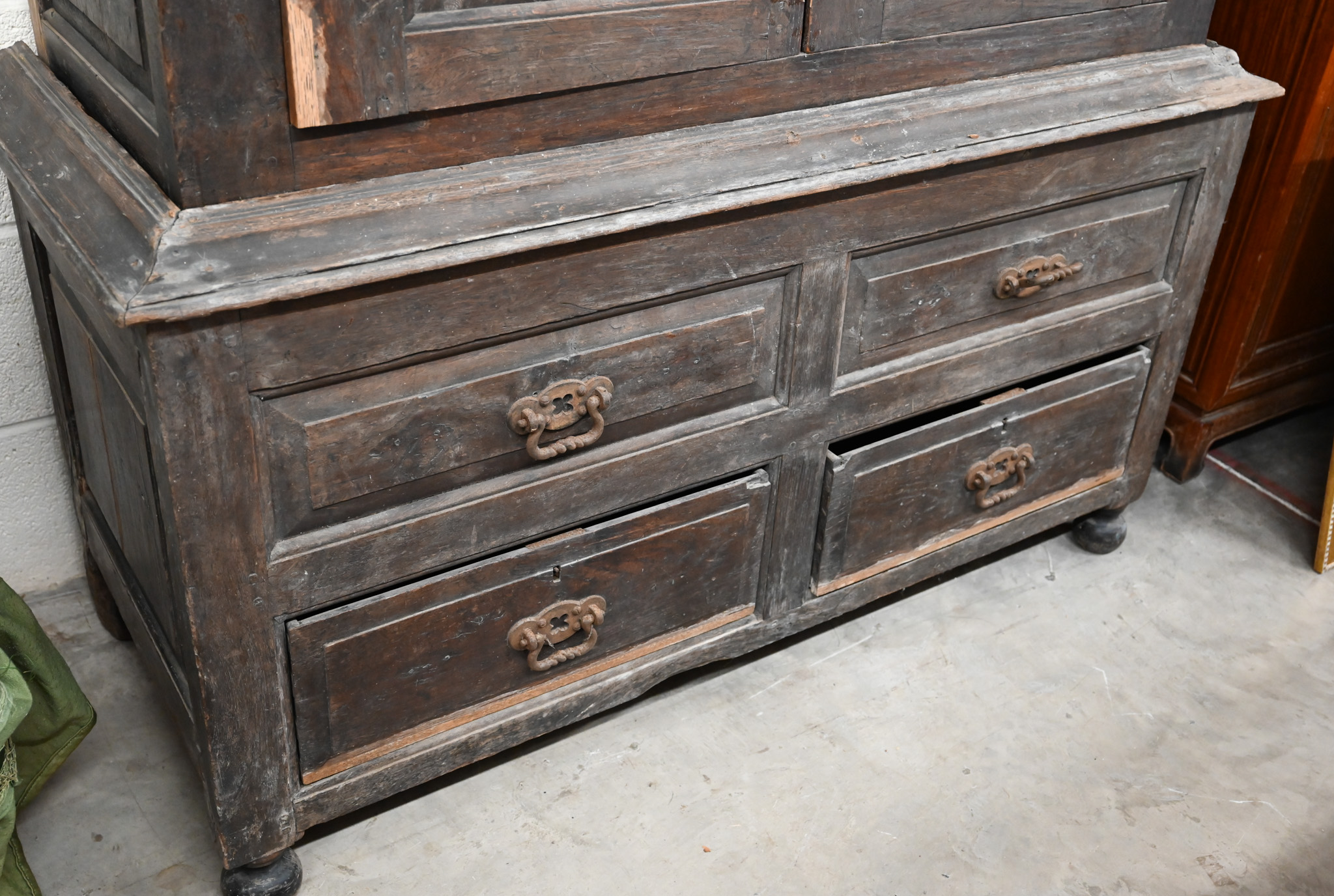 An 18th century and later oak livery cupboard with panelled doors on base with two drawers below - Image 2 of 6