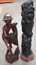 An African ebony figural carving 62 cm to/w a Southern African figure of a fisherman (2)