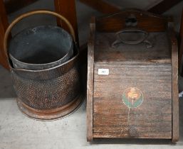 A wooden coal box, a beaten brass coal scuttle and a zinc bucket (3)