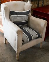 A pair of calico wing-back armchairs (for re-upholstery) with blue and white striped fabric seat
