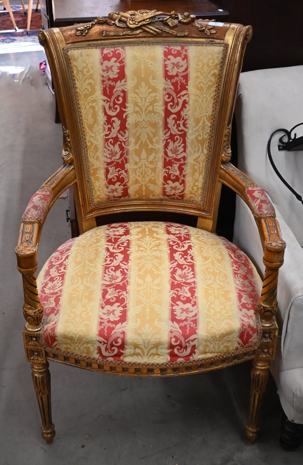 A French style giltwood framed fauteuil armchair, floral and foliate striped damask fabric - Image 2 of 2