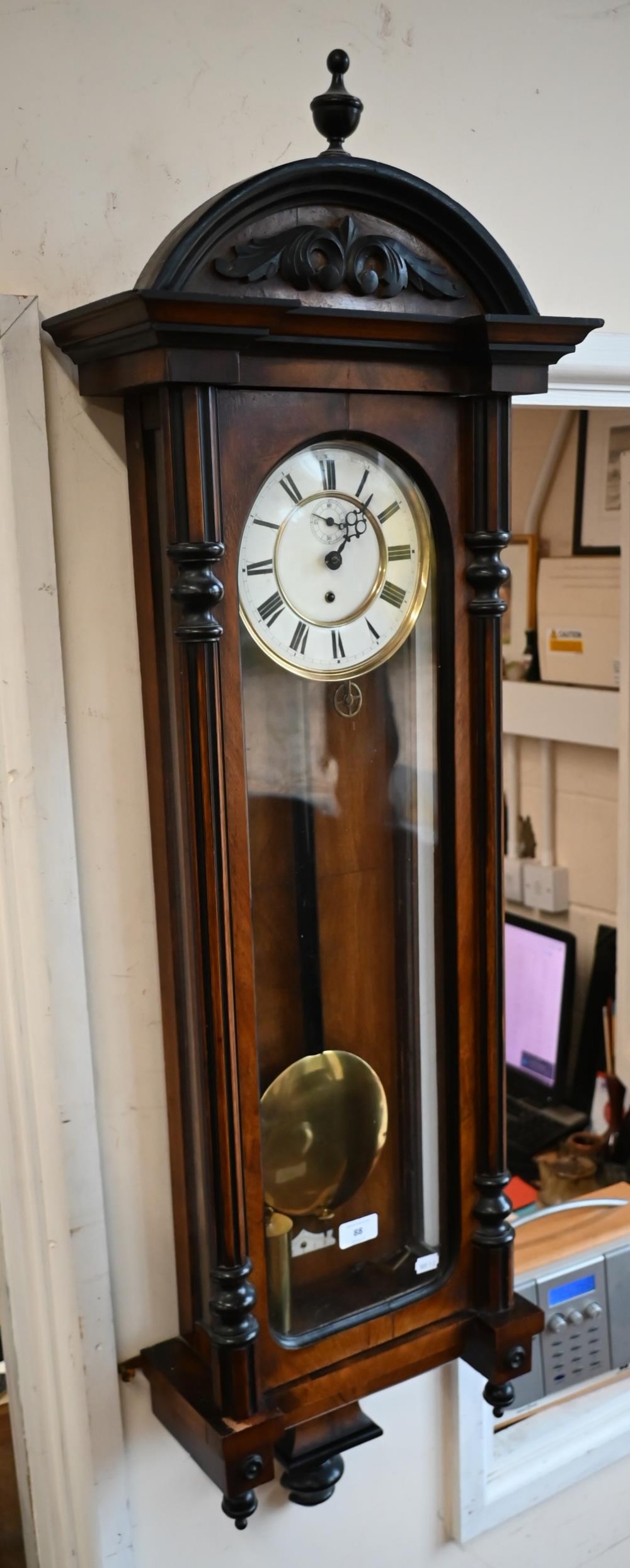 Vienna style walnut and ebonised wall clock c/w pendulum and key a/f, 120 cm high - Image 2 of 2