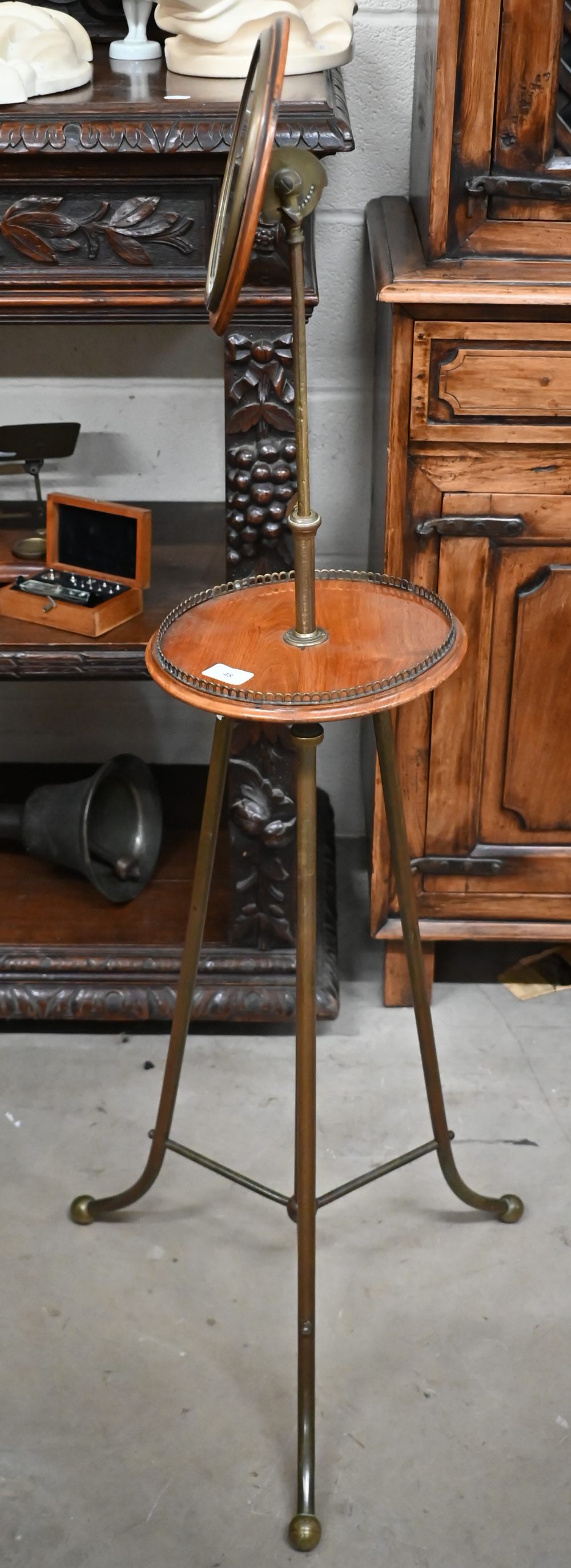 An antique mahogany and brass shaving/vanity stand with height adjustable circular mirror, makers - Image 2 of 3