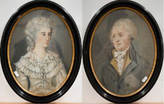 A pair of 19th century oval watercolour portraits of a lady and gentleman, 32 x 24 cm (2)