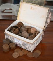 A box of mostly 20th century copper pennies